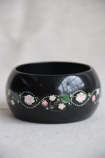 Black Hand Painted Flowered Bangle Bracelet