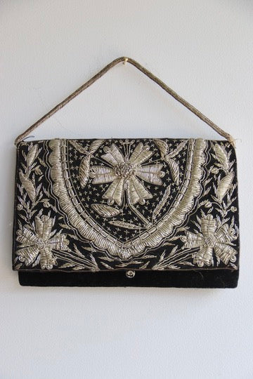 Vintage Black Velvet and Embroidered Purse