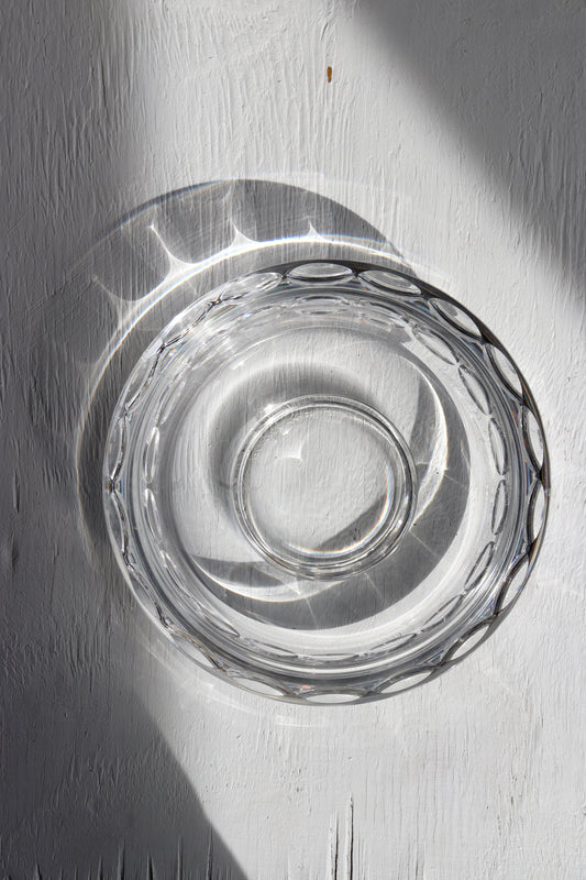 Vintage Orrefors "Torup" crystal bowl designed by Sven Palmqvist, featuring a distinctive scalloped rim and clear faceted details
