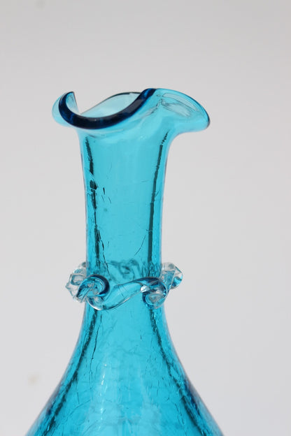 Crackle bright blue hand blown vase