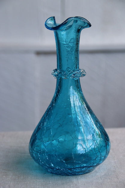 Crackle bright blue hand blown vase