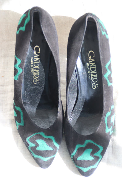 Vintage Gandlers black and green suede heels