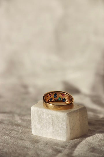 Flush Set Ruby, Sapphire, Emerald and Diamond Ring -14K