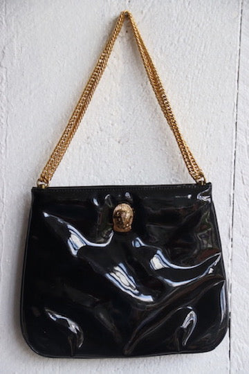 90s Vintage Ruth Saltz Black Patent Bag with Gold Emblem