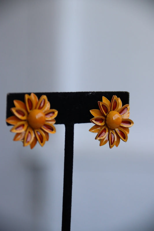 Orange Flower Clip On Earrings