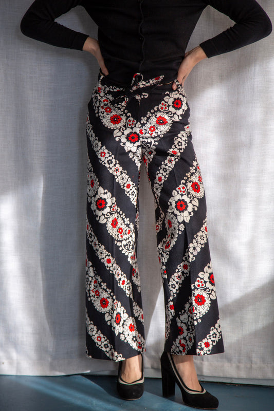 Vintage 1970s Black and Red Paisley Pants