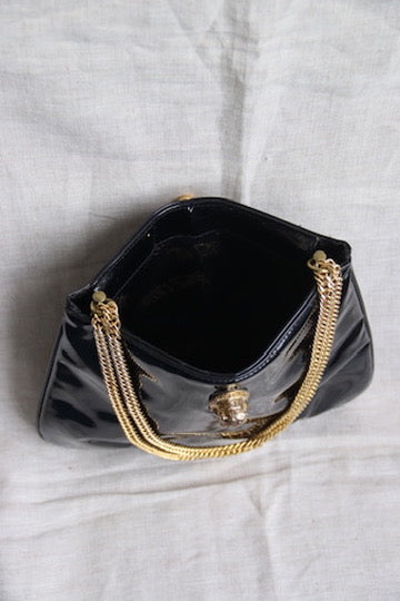 90s Vintage Ruth Saltz Black Patent Bag with Gold Emblem