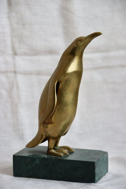 Brass and Green Stone Penguin Sculpture - as is