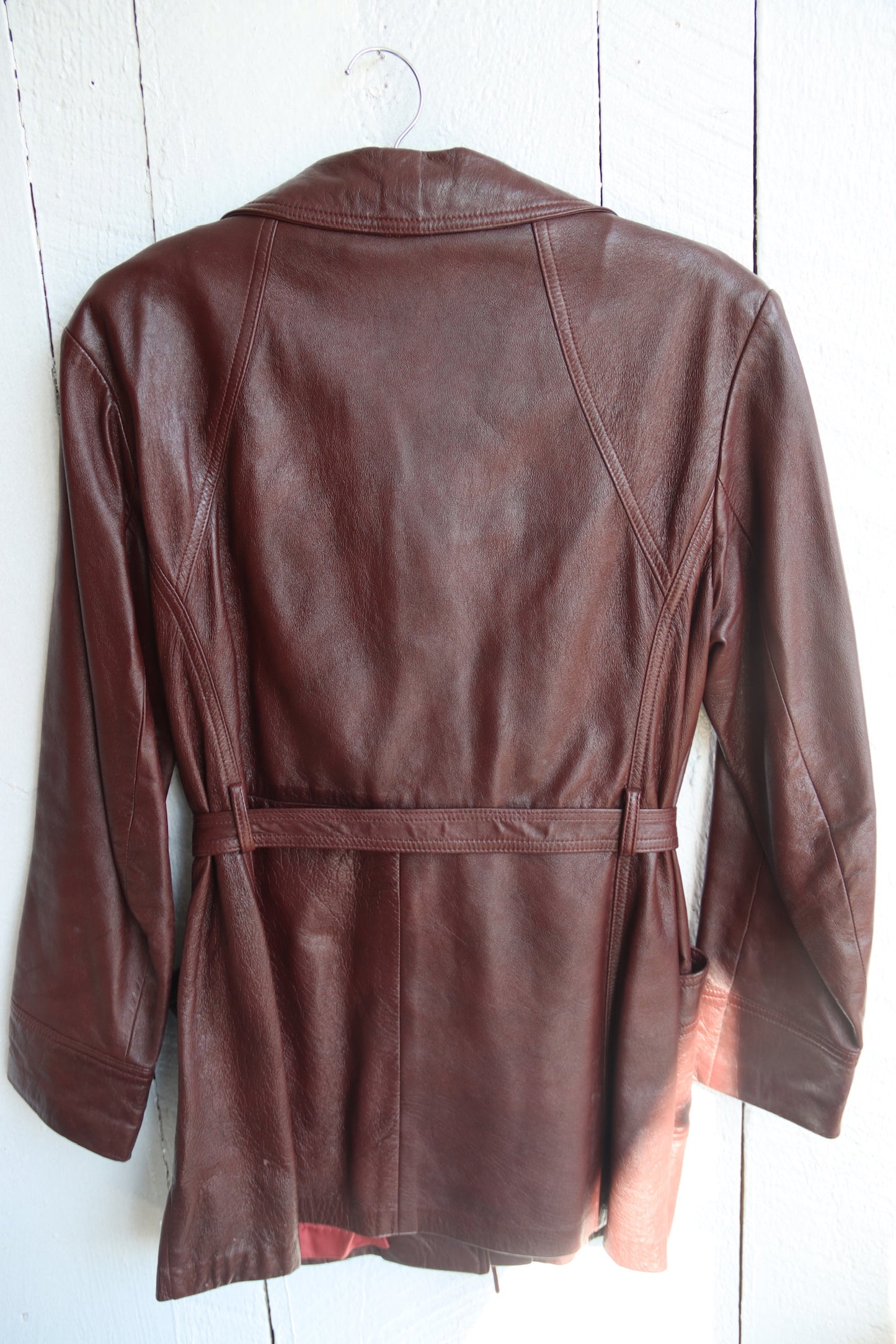 Vintage Leathers New England Sports Wear Co. Maroon Leather Trench Coat