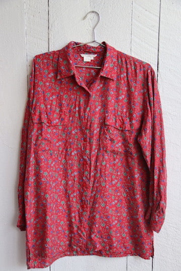 Annie Alexander Red Floral Silk Button Down Shirt