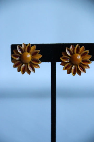 Orange Flower Clip On Earrings