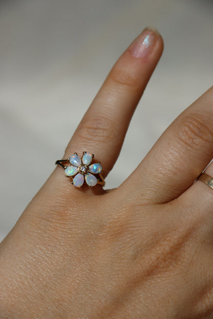 10K Yellow Gold Opal and Diamond Flower Ring