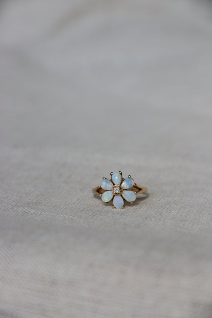 10K Yellow Gold Opal and Diamond Flower Ring