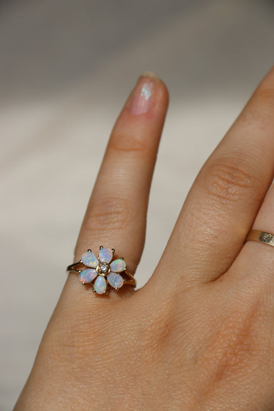 10K Yellow Gold Opal and Diamond Flower Ring