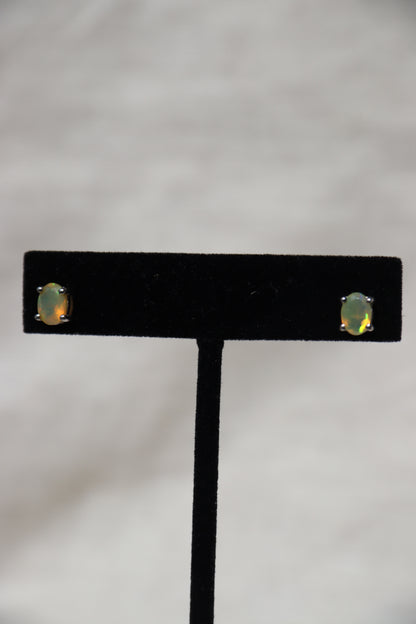 Sterling Silver Oval Opal Post Earrings