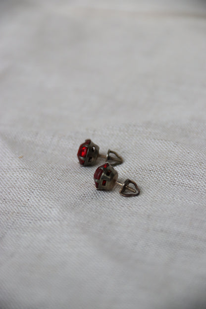 Silver and Red Glass Post Earrings