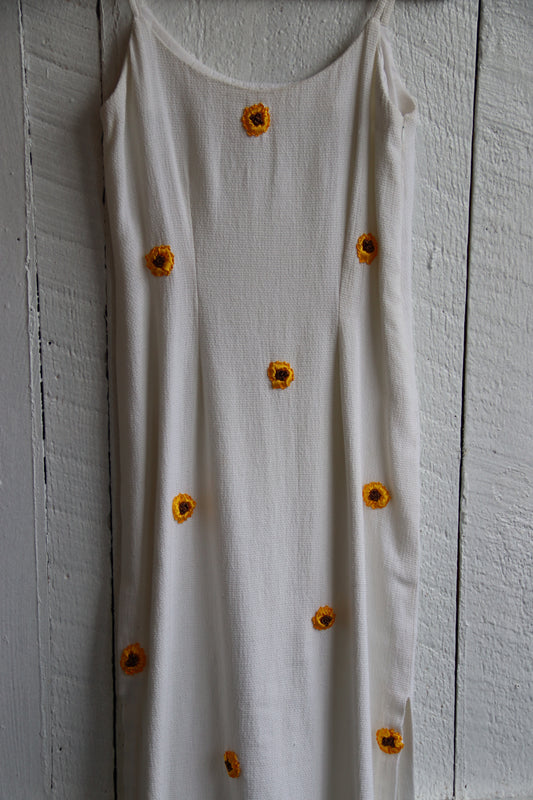 White Linen Dress with Sunflowers