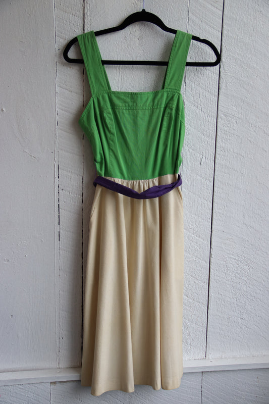 Green and Cream Dress with Purple Belt