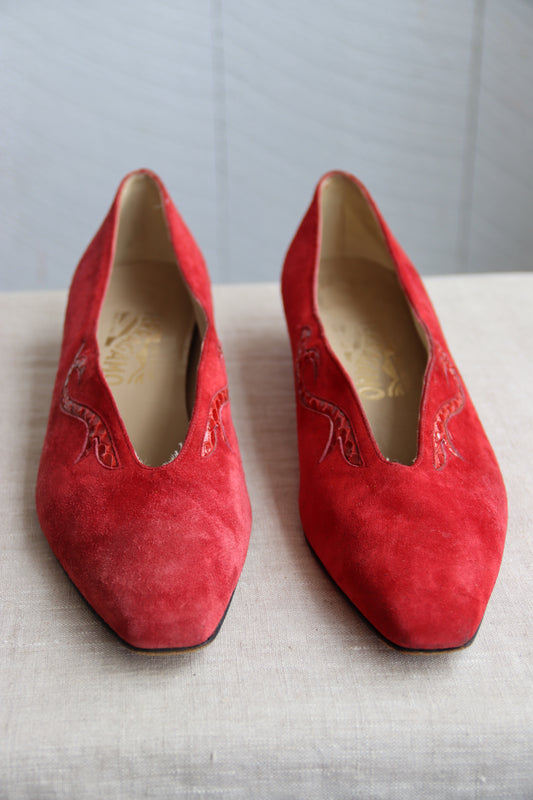 Salvatore Ferragamo Red Suede Snake Flats