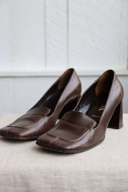 Prada Brown Leather Heeled Loafer