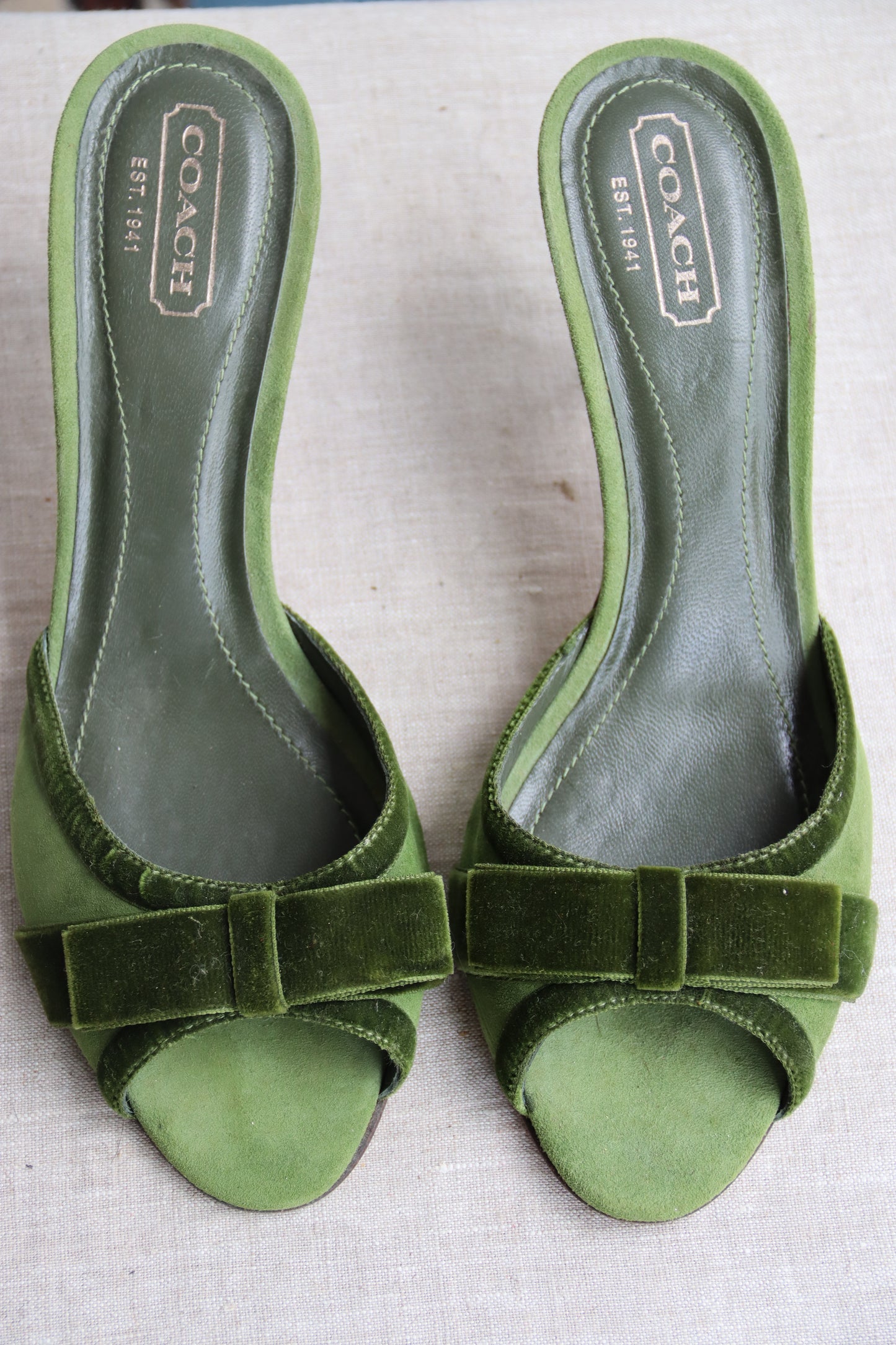 Coach green suede kitten heels