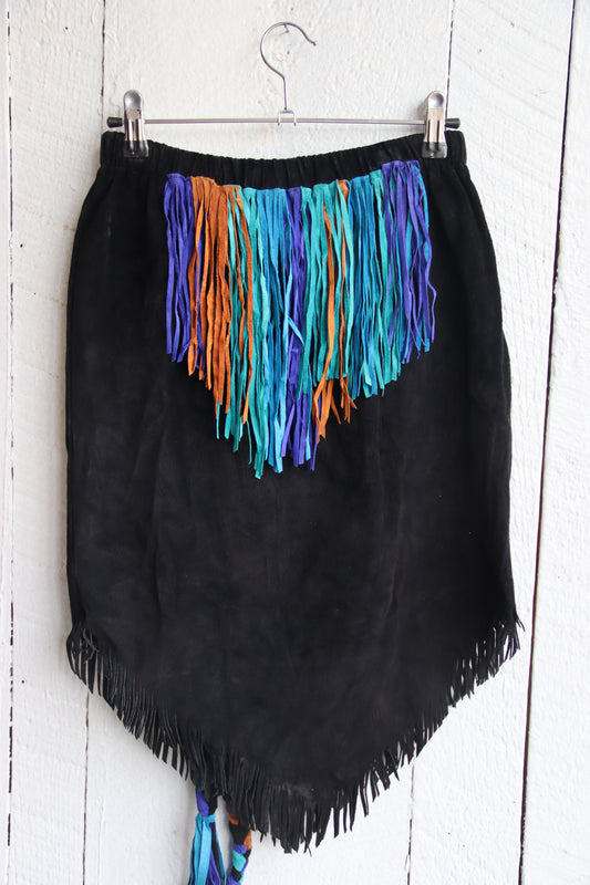 Vintage Handmade Black Fringe Skirt with Rope Belt