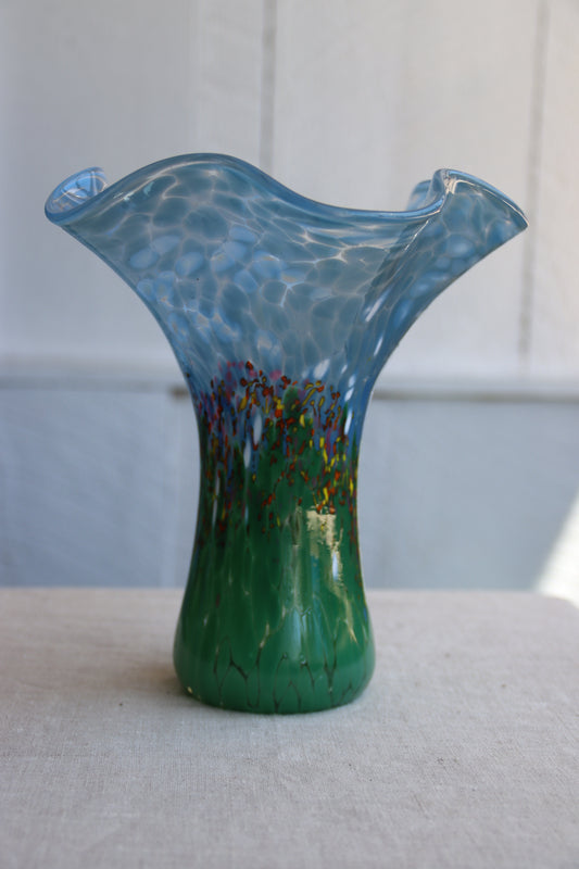 Green and Blue Large Handmade Ripple Glass Vase