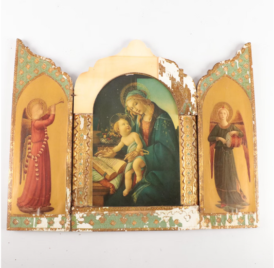 Vintage Florentine Wooden Triptych of Madonna and Child