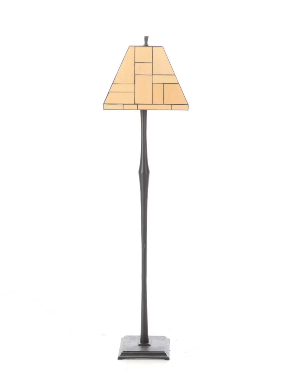 Postmodern Bronzed Floor Lamp With Pieced Slag Glass Shade, Late 20th C.