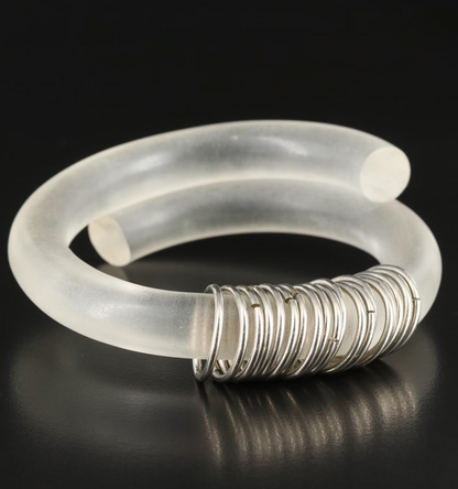 Frosted Lucite Bypass Bangle Bracelet with Silver Rings