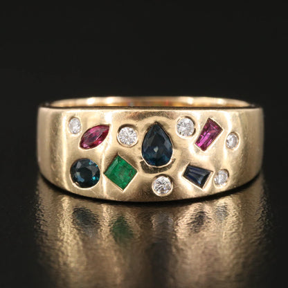 Flush Set Ruby, Sapphire, Emerald and Diamond Ring -14K
