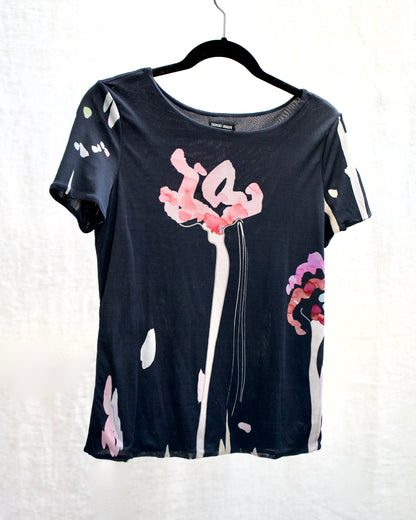 Armani Dark Blue Abstract Floral Silk Top